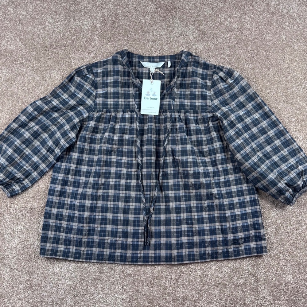 Barbour Lorelie Top Modern Heritage Plaid Split Neck Blouse Praline USA 8 NEW